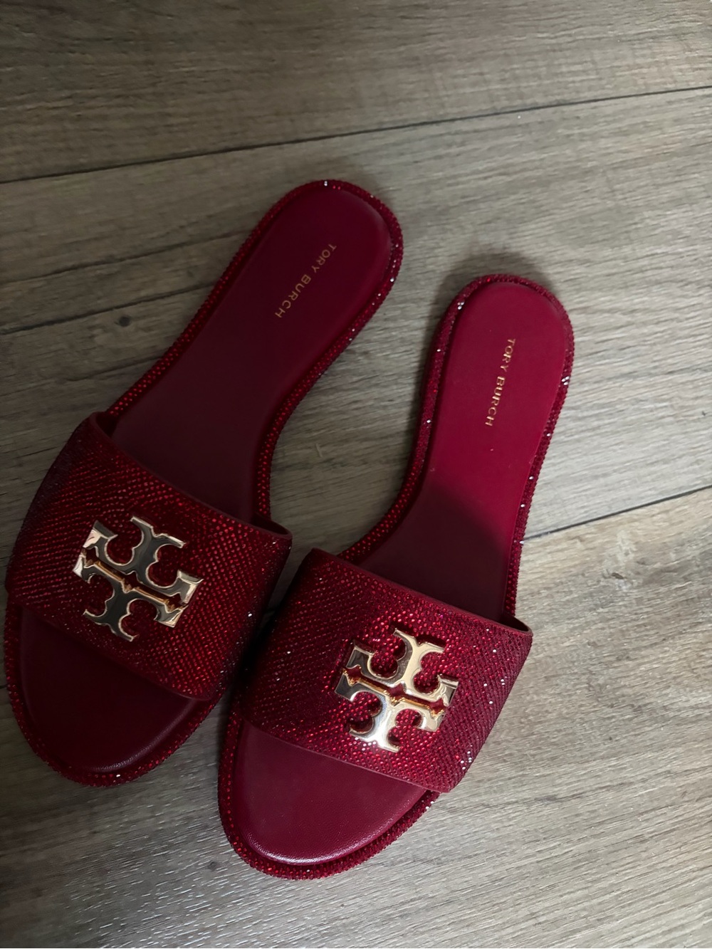 Tory Burch Garnet Red Crystal Logo Slide Sandals